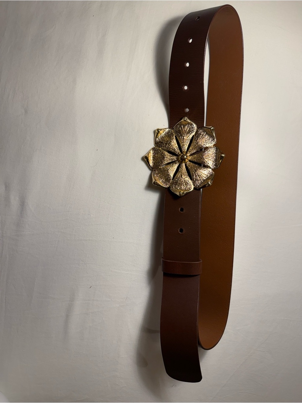 Cynthia Rowley Brown Leather Belt with Gold Floral Buckle